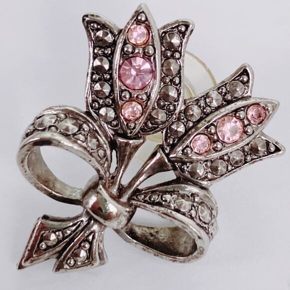VTG Signed Avon Tulip Brooch Earrings Set Pink Rhinestone Silver Tone Marcasite - Picture 6 of 13